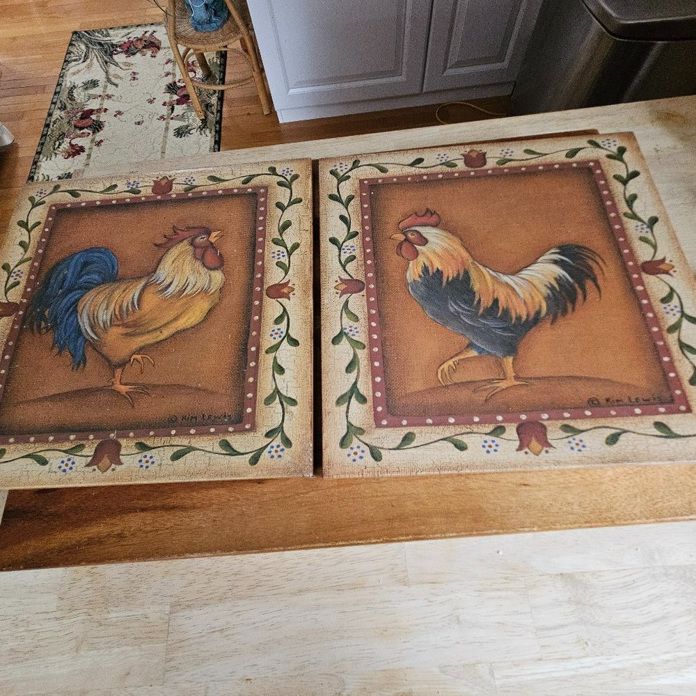 vintage rooster canvas wall art set of two signed Kim Lewis